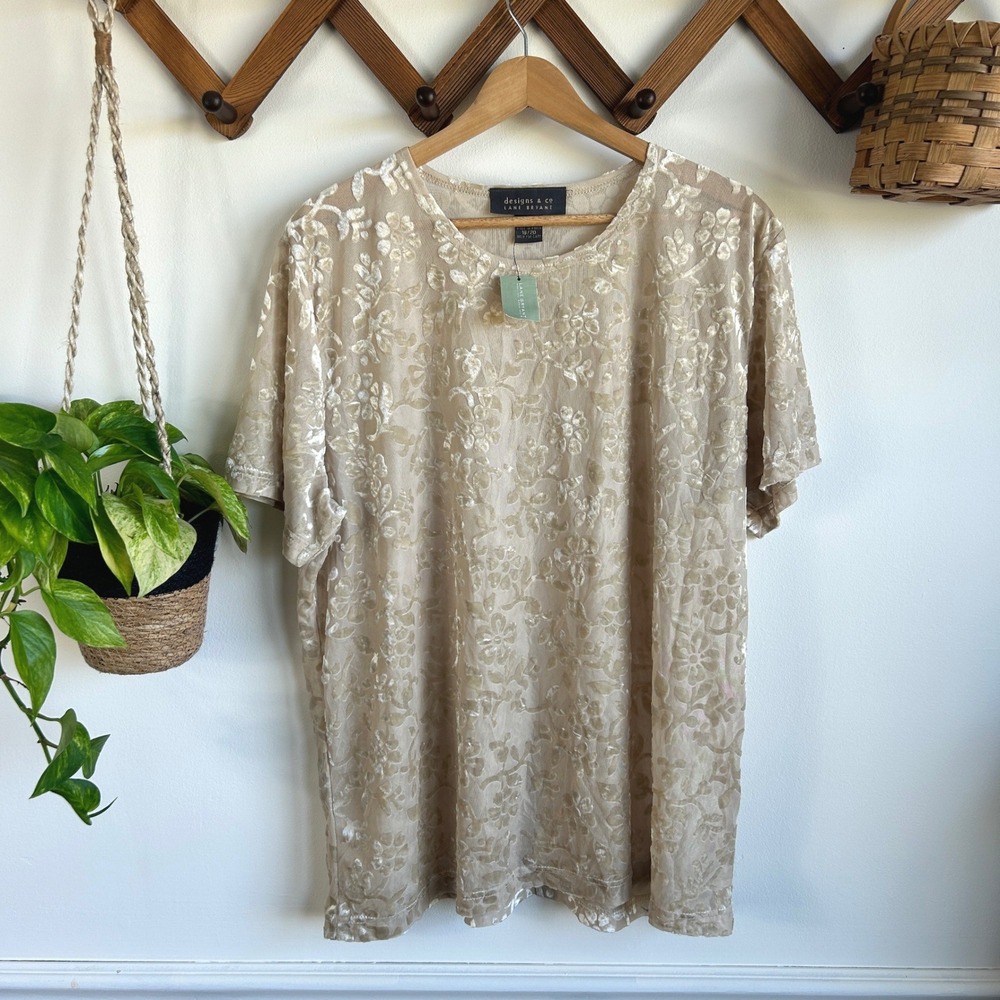 Lane Bryant Vintage Designs & Co Beige Burnout Velvet Floral Sheer Top Holiday